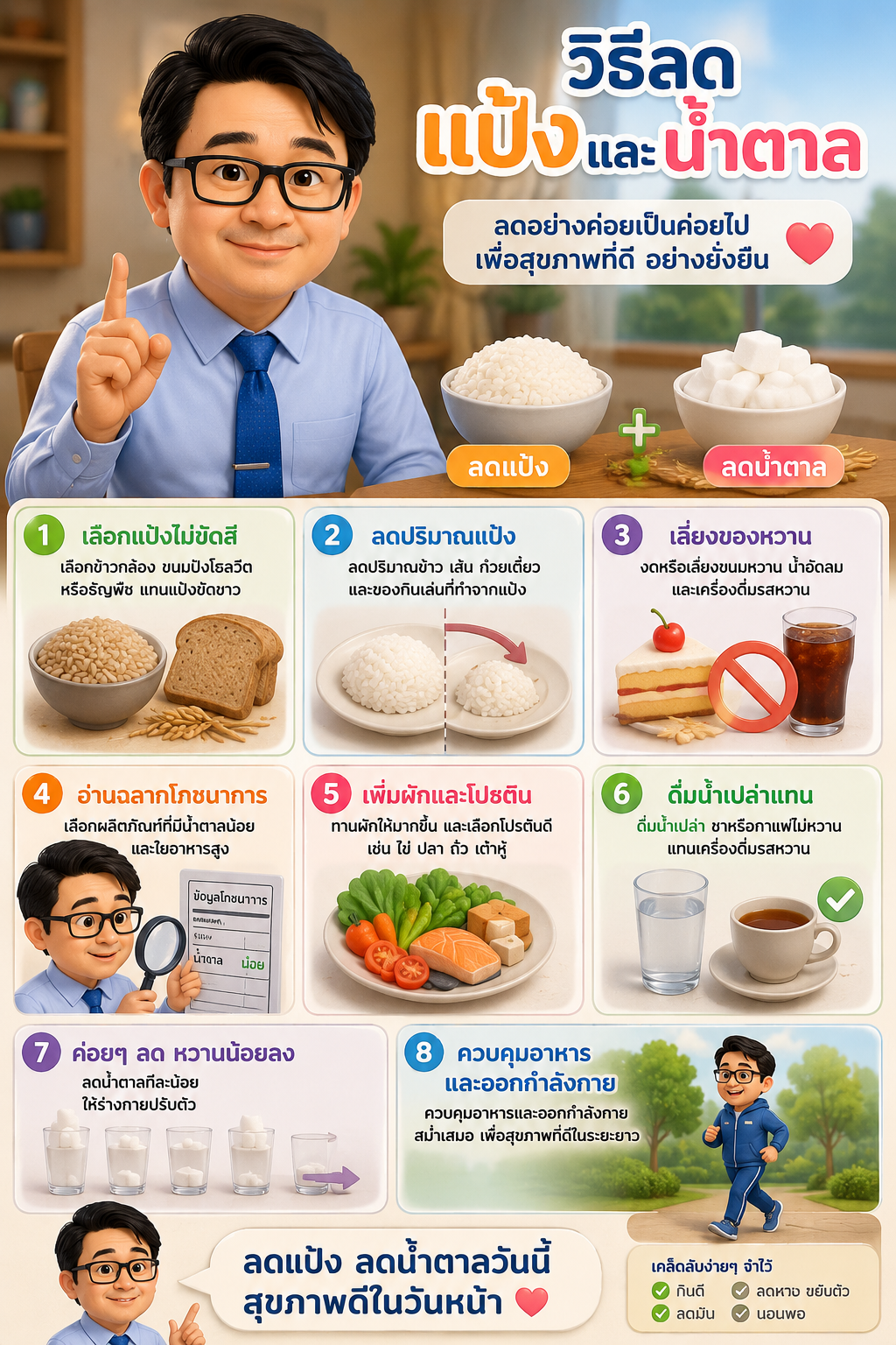 8 วิธีลดแป้งและน้ำตาล: เคล็ดลับสุขภาพดีที่ทำได้ทุกวัย สไตล์ “สูงวัย.ไทย”