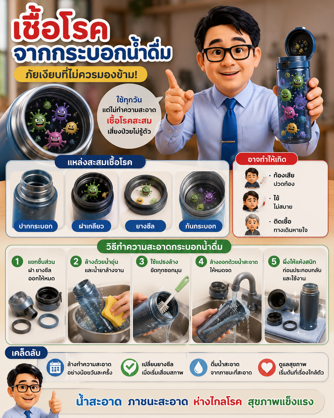 “กระบอกน้ำดื่ม” เพื่อนซี้ที่อาจกลายเป็นแหล่งสะสมเชื้อโรค! ภัยเงียบที่ไม่ควรมองข้าม